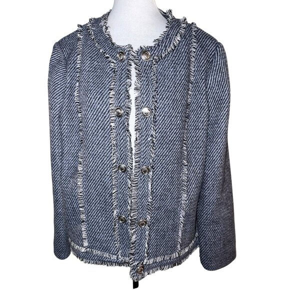 Chico's Tweed Wool Blend Open Front Fringe Trim Jacket Size 3 U.S. 16 - Picture 1 of 9